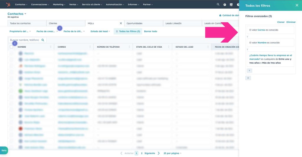 Segmentación de Etapas del Ciclo de Vida por medio de Vistas sección Contactos en HubSpot