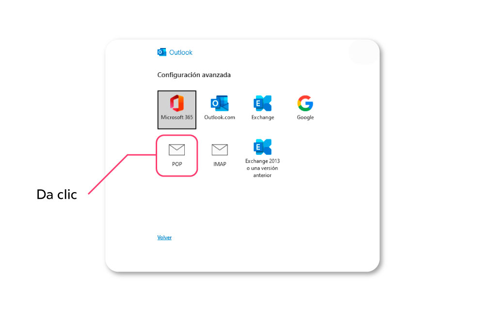 Guía de configuración de correos electrónicos en Outlook Windows del hosting ¡Uy qué chulo! Elige la opción POP.