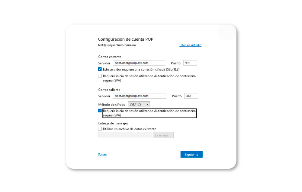 Guía de configuración de correos electrónicos en Outlook Windows del hosting ¡Uy qué chulo! Llena la ventana de configuración.